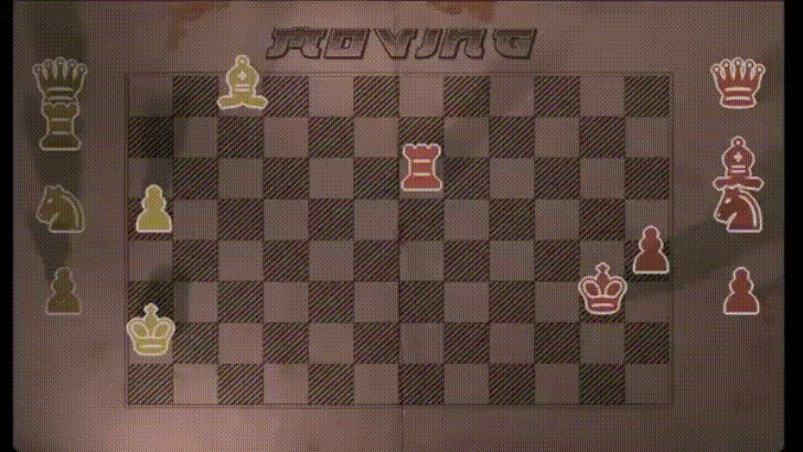 Footage of the game in GIF format. Players place chess pieces which move themselves and after some moves player two wins by capturing the opponent's king