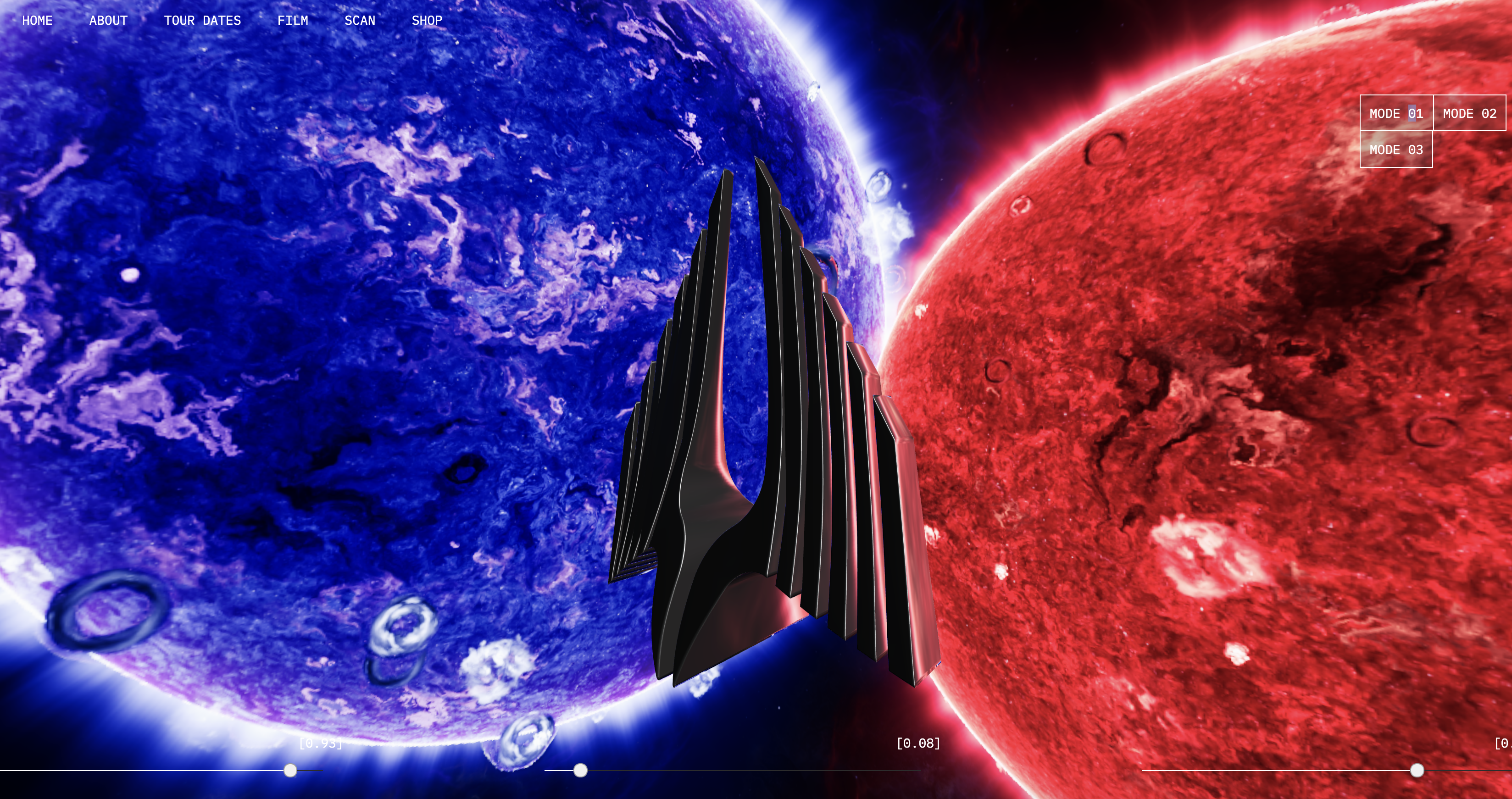 A second screenshot of the website homepage demonstrates that a variety of landscapes are loaded and exchanged on a timer. The second world featured here features two brightly coloured suns in an unknown galaxy, seen from space