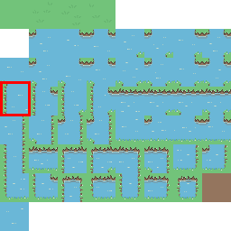 An image of the tileset with the corresponding tile to the grassy verge highlighted by a red box