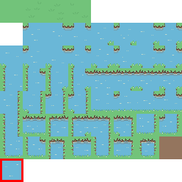 An image of the tileset with the full-water tile highlighted by a red box