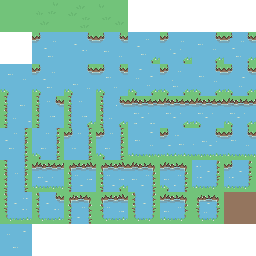 A set of tiles, 32x32, featuring many different versions of water and grass: one water tile, one grass tile, and many different versions where water is bordered by grass on different sides