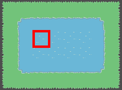 A screenshot of the game map with a water tile highlighted by a red box